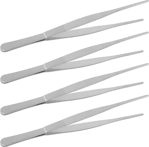 Vista 9 de Bonsicoky 4 pinzas de acero inoxidable de 5 pulgadas con puntas rectas dentadas de precisión, pinzas multiherramienta antideslizantes para cocinar