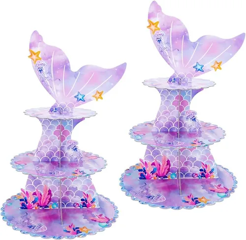 Vista 8 de MRPAPA Paquete de 2 soportes de cartón para cupcakes, bandeja de postre de 3 niveles, soporte de papel desechable, mini soporte para tartas