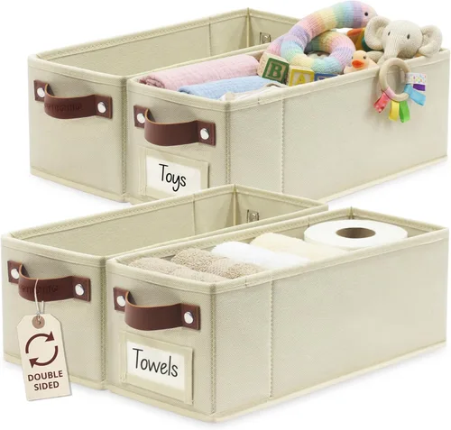 DECOMOMO Contenedores de almacenamiento estrechos, cesta pequeña con asas (beige, paquete de 4) | Cesta de almacenamiento de 15 x 5.9 x 5.5