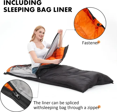 Vista 5 de Saco de dormir de plumón de 0 grados F para adultos, saco de dormir rectangular de fibra de plumón de 4 estaciones para mochileros, camping