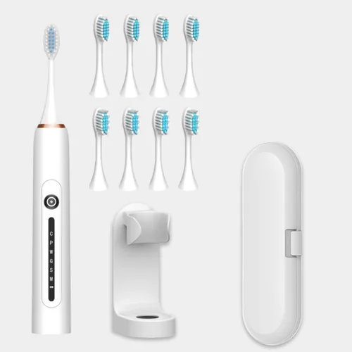Vista 10 de Cepillo de dientes eléctrico con carga USB durante 60 días, un mango eléctrico, 8 cabezales de cepillo de repuesto, funda de cepillo de dientes Negro