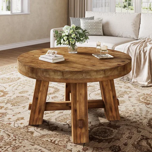 Vista 10 de Mesa auxiliar redonda de 31.5 pulgadas, mesa central de madera maciza con mesa gruesa (marrón claro)