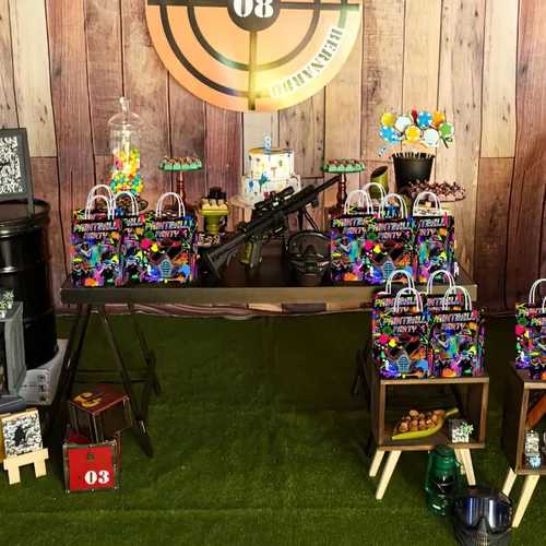 Vista 5 de Tyndallrays Bolsas de paintball de 16 piezas con asas, suministros para fiesta de cumpleaños, aperitivos de regalo, dulces, recuerdos de fiesta