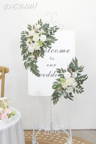 Vista 4 de Kit de flores de arco de BASIMAN con cortinas (paquete de 2) para decoración de ceremonia de boda, arbor y telón de fondo de recepción, señales