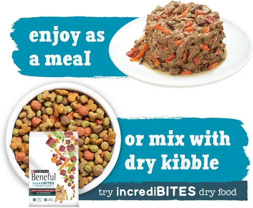 Vista 12 de Beneful Purina IncrediBites - Alimento húmedo para perros de raza pequeña con salsa, con carne de res real, (16 paquetes de 3) latas de 3 onzas