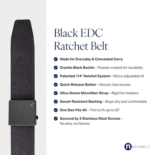 Vista 2 de Nexbelt EDC Tactical Ratchet Belt – 1.5" Black Nylon, Quick-Release, Adjustable for Appendix Carry, Fits Up to 50" Waist