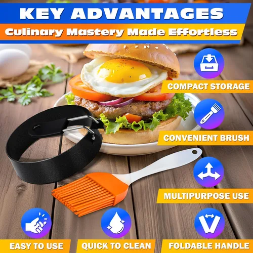 Vista 4 de 2 anillos de huevo para freír huevos, molde redondo de acero inoxidable de 2.89 pulgadas, mango plegable, resistente al calor y no deformable