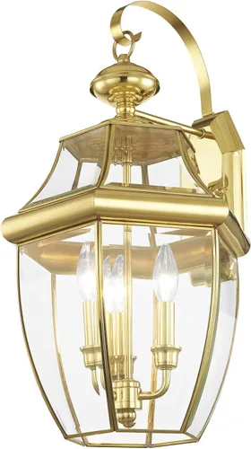 Vista 4 de Livex Lighting 2351-02 Monterey - Farol de pared de latón macizo con 3 luces para exteriores con acabado de latón pulido, 22.5 x 12.5 x 11.75