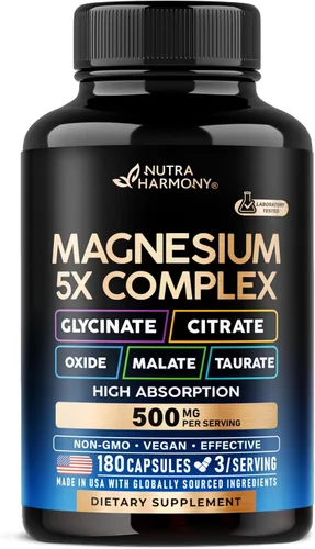 Suplemento de magnesio - Complejo 5 en 1 | Glicinato | Citrato | Malato | Taurato | Óxido - Fabricado en Estados Unidos - Soporte para el estrés,