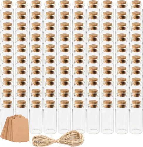 Kingrol Paquete de 100 botellas de vidrio de 0.3 fl oz con tapones de corcho, mini botella con etiquetas personalizadas y cuerda para proyectos de