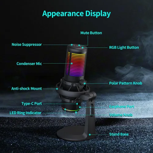 Vista 9 de TOALLIN CM20P - Micrófono de condensador USB con luces RGB para juegos, transmisión, podcasting, grabación, 192 kHz/24 bits, cancelación de ruido