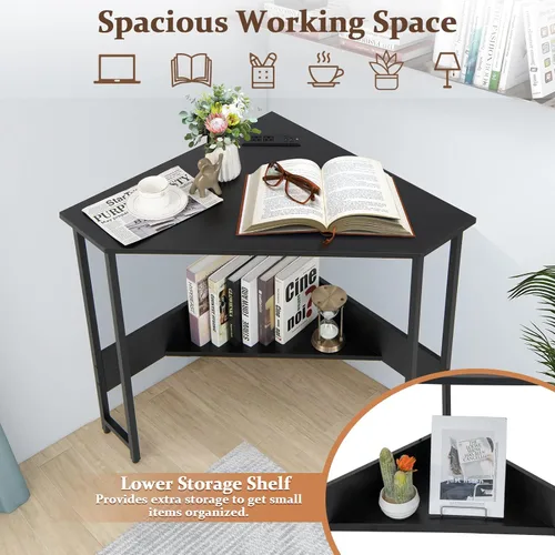 Vista 13 de COSTWAY Escritorio esquinero para computadora, con puertos USB y toma de corriente, estante de almacenamiento para espacios pequeños, escritorio
