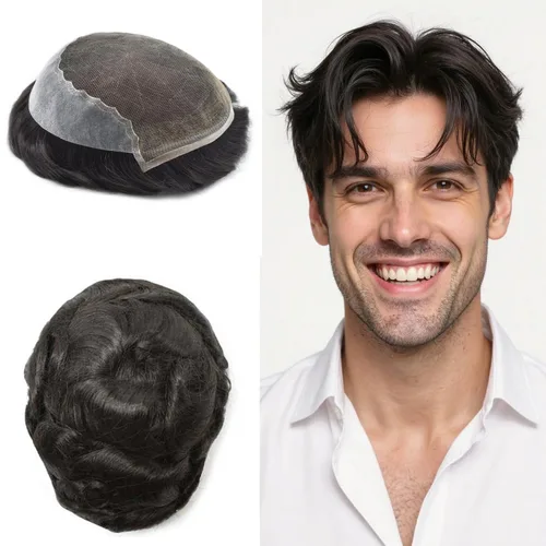 Vista 246 de Toupee - Sistemas de reemplazo de cabello para hombre, encaje frontal suizo, nudo blanqueado, pieza de cabello humano natural