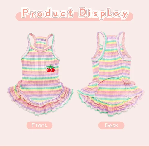 Vista 6 de Lindo vestido de perro para perros pequeños y niña, ropa de cumpleaños, ropa de primavera y verano, trajes de perro, arco iris, colorido, a rayas