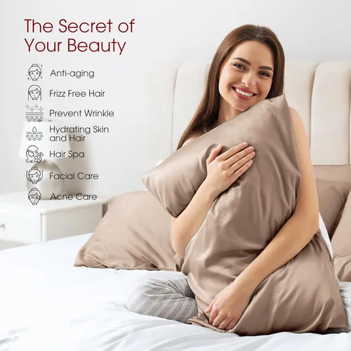 Vista 4 de Juego de 2 fundas de almohada 100% seda de morera tamaño estándar para cabello y piel, juego de 2 seda 6A, suave, transpirable, refrescante