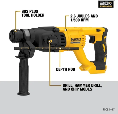 Vista 3 de DEWALT Martillo giratorio inalámbrico de 20 V MAX SDS Plus de 1 pulgada con mango en D, solo herramienta desnuda (DCH133B)