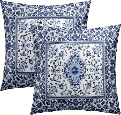 Giwawa Juego de 2 fundas de almohada decorativas con diseño floral bohemio de 16 x 16 pulgadas, diseño de hojas azules, cuadradas, para sofá,