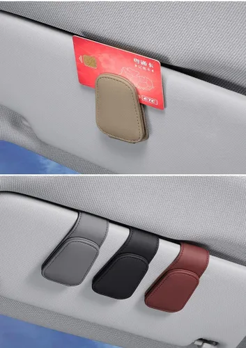 Vista 4 de Soportes para lentes de sol para visera solar de automóvil, soporte de cuero para colgar gafas, soporte magnético para lentes y clip para tarjeta