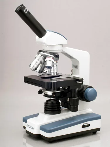Vista 2 de AmScope Microscopio monocular compuesto digital M620B-5M, oculares WF10x y WF20x, aumento 40x-2000x, campo brillante, iluminación LED, condensador