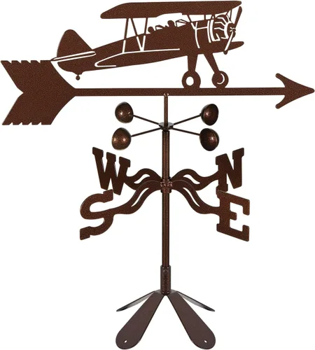 EZ Vane - Veleta de avión biplano, montaje de 4 lados, vasos de viento, acabado de cobre antiguo, acero con revestimiento de polvo triple duradero