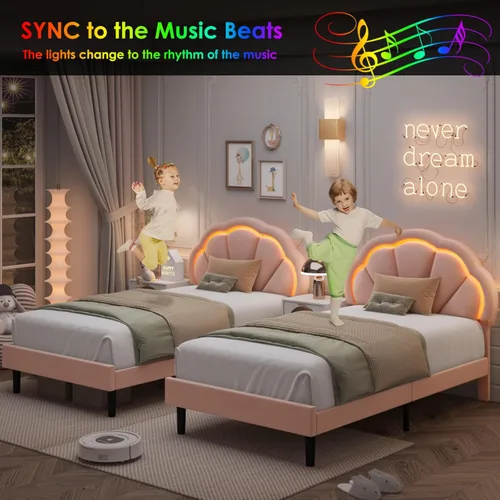 Vista 27 de HIFIT Marco de cama LED inteligente tapizado completo con cabecera ajustable de pétalos elegantes, marcos de cama de plataforma