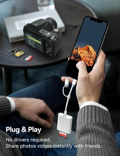 Vista 5 de BnmxTek Lector de Tarjetas SD para iPhone, Adaptador de Tarjeta SD con Conector Dual Lightning y USB-C para iPhone 5-14, iPhone 15 con USB-C, iPad