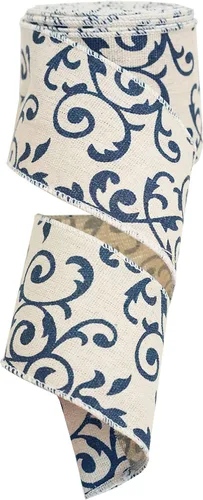 Cinta de damasco con alambre, cinta de damasco azul y blanco con bordes de alambre para decoración del hogar, envoltura de regalo, manualidades, 2.5