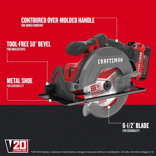 Vista 2 de CRAFTSMAN Kit de sierra circular inalámbrica V20, 6-1/2 pulgadas, batería y cargador incluidos (CMCS500M1)