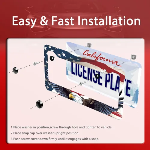 Vista 6 de 2 piezas de marco de placa de matrícula con bandera estadounidense y águila patriótica, marco de placa de matrícula de acero inoxidable colorido