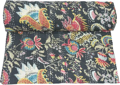 Vista 2 de Sophia-Art Edredón Kantha con estampado de mukut multicolor negro, tamaño King, manta Kantha, funda de cama, colcha King Kantha, ropa de cama