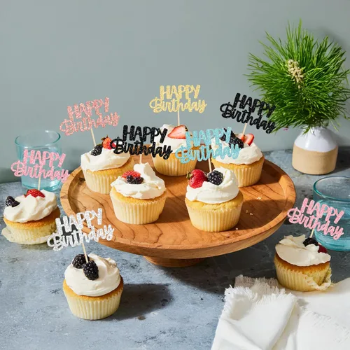 Vista 9 de Gyufise 24 piezas de decoración para pastel de cumpleaños con purpurina, adornos brillantes para pastel de cumpleaños, adornos de comida