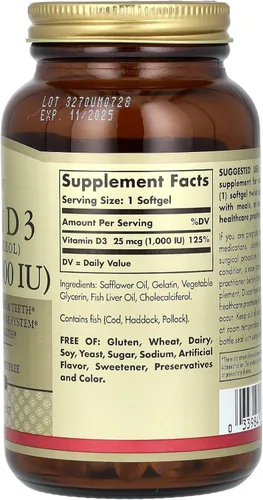 Vista 4 de Solgar - Vitamina D3 (colecalciferol) 25 MCG (1000 UI), 250 cápsulas blandas - Ayuda a mantener huesos y dientes sanos - Apoyo al sistema