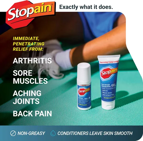 Vista 2 de Stopain Set combinado de alivio del dolor (gel, roll-on y aerosol) fabricado en Estados Unidos, máxima fuerza de acción rápida con MSM, glucosamina