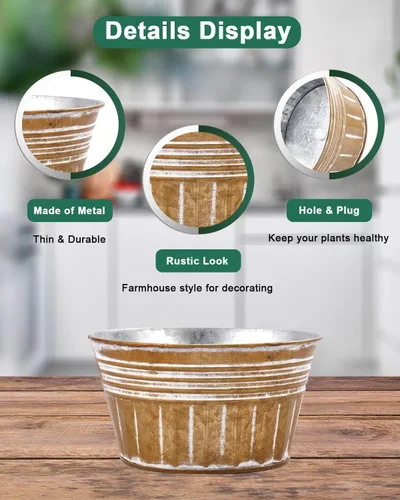 Vista 3 de vensovo Macetas rústicas de metal marrón de 10 pulgadas – 4 macetas grandes galvanizadas poco profundas con orificio de drenaje y tapón de goma