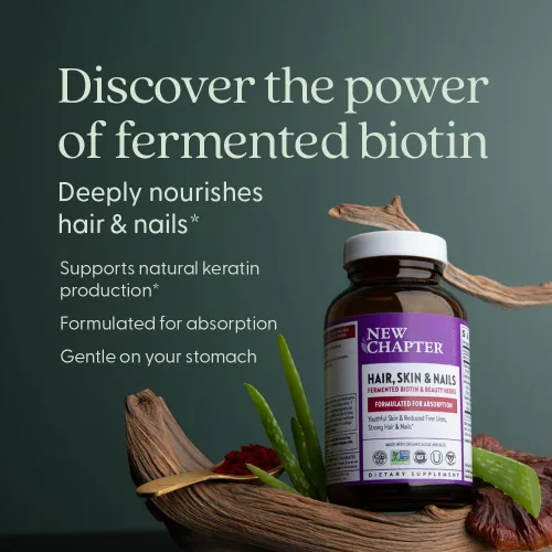 Vista 4 de New Chapter Suplemento de Biotina, Vitaminas Veganas para Cabello, Piel y Uñas con Biotina Fermentada + Astaxantina - 60