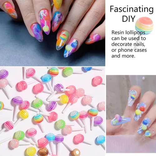 Vista 5 de 50 dijes de uñas de piruleta 3D de arcoíris, accesorios de uñas de caramelo de macarrón de resina para arte de uñas, bricolaje y decoración