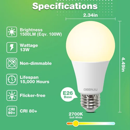 Vista 2 de Bombillas LED A19 DEGNJU, equivalentes a 100 vatios, luz blanca suave de 2700 K, 1500 lúmenes, base estándar E26, no regulables, bombilla LED de 13