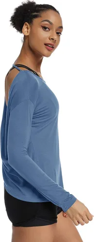 Vista 3 de Muzniuer Camisas de manga larga para mujer, sin espalda, para yoga, espalda cruzada, camisa abierta