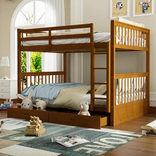 Vista 18 de Merax Litera de madera con dos cajones, litera de madera convertible con escaleras y dos cajones de almacenamiento, marco de cama desmontable