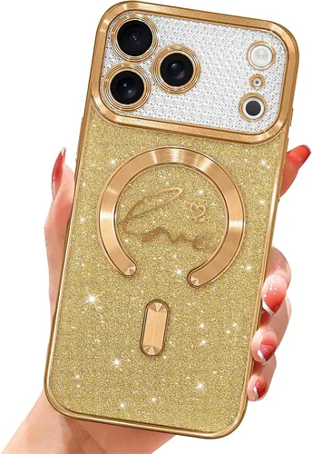 Vista 58 de Funda magnética transparente con purpurina para iPhone 14, compatible con Magsafe, diseño de corazón de amor, chapado de lujo, protector completo