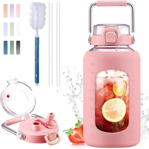 Vista 32 de BLUEGO Botella de agua de vidrio de 64 onzas con mango de acero inoxidable, botella de agua grande con marcadores de tiempo y funda de silicona