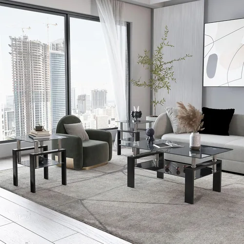 Vista 52 de IANIYA Juego de mesa de 3 piezas para sala de estar, moderno juego de mesa auxiliar de vidrio templado, mesa auxiliar de vidrio con marco de metal
