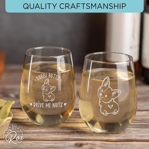 Vista 5 de On The Rox Drinks Corgi B*tts Drive Me Nuts - Juego de 2 copas de vino sin tallo para amantes de Corgi, decoración de Corgi, Cosas de Corgi, copa