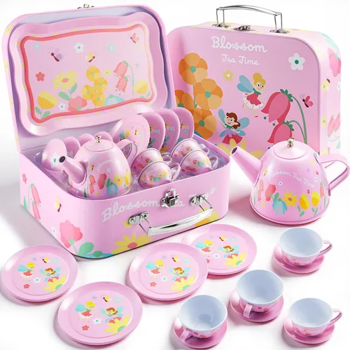 JOYIN Juego de té de flores de hadas para niñas pequeñas, juego de tetera de lata rosa, juego de cocina de princesa con tetera, taza, plato, estuche
