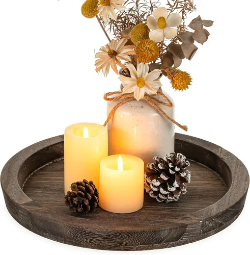 Vista 17 de Hanobe Bandeja decorativa de madera redonda: bandejas de madera sin terminar para manualidades, bandeja otomana para servir bricolaje, centro