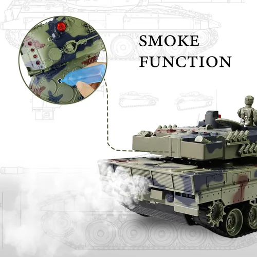 Vista 3 de KAIM Tanque RC 1/24, tanque de control remoto para niños con humo, luces y sonidos, modelo de ejército Ger Leopard II de 2.4 GHz, juguetes militares
