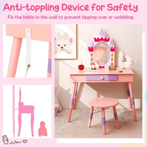 Vista 6 de Costzon Juego de tocador para niños, juego de tocador para niñas con espejo y taburete, tocador de maquillaje de princesa con cajón, tabla