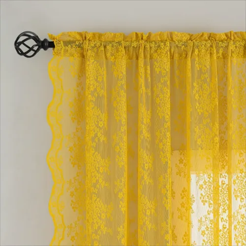 Vista 2 de YJ Yanjun - Cortinas amarillas mostaza de 96 pulgadas de largo para sala de estar, encaje retro, estilo moderno de mediados de siglo, cortinas