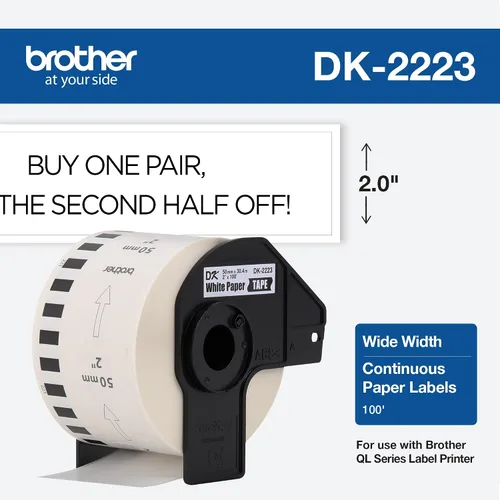 Vista 2 de Brother Cinta de papel blanco de longitud continua de impresora (DK2223) 1.969 in x 30,4 meses