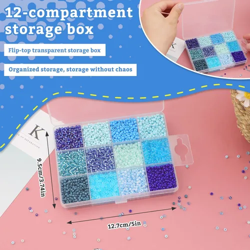 Vista 3 de 7380 cuentas de semillas de vidrio, cuentas de semillas de pulsera 8/0 de 0.118 pulgadas para joyería, 12 colores redondos surtidos para pulseras
